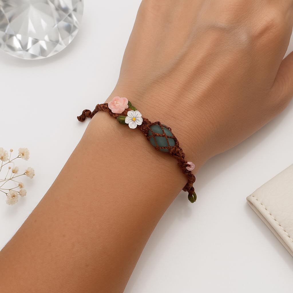 Handmade Boho Aquamarine Bracelet – March Birthstone Jewelry with Pink Rose & White Daisy, Adjustable Natural Gemstone Bracelet for Women, Floral Light Blue Crystal Bracelet Gift for Her - Image 4