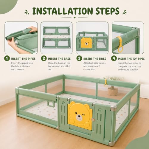 Image of 180 x 200 cm Playpen for Babies upto 3 with Mat and Balls, Indoor Baby Play Area Indoor Outdoor Setup Portable Baby Play Yard Fence for Toddlers Kids with Safety Gate, Breathable Mesh Playpen, 16 Sq Ft (Green, Mesh with Gate)