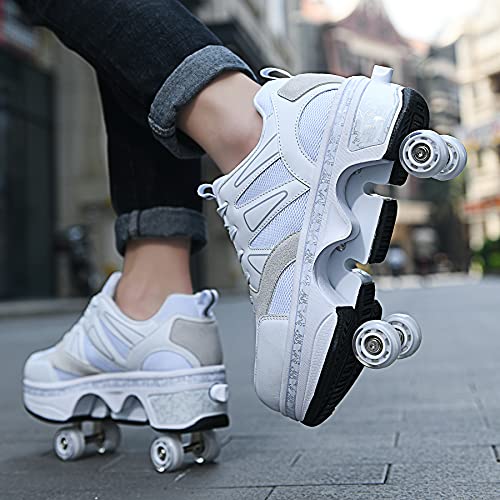 Image of Roller Skates for Women /Girls, Retractable Kick Roller Shoes with Wheels for Men, Outdoor Quad Wheel Rink Skates Adjustable Deformation Sneakers for Adult /Boys