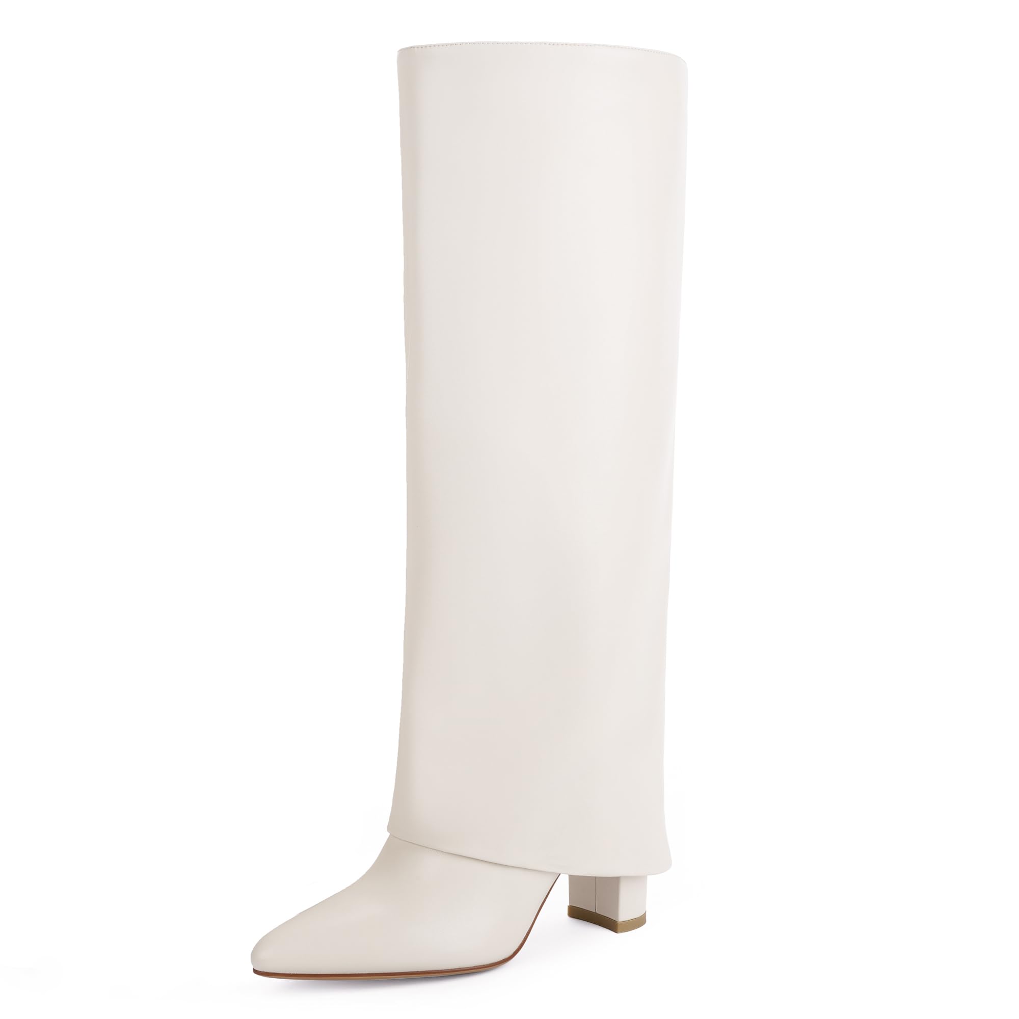 Knee High Boots Women Fold Over Boots Chunky Heel Pointed Toe Tall Boots