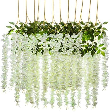 12 Pack Artificial Wisteria Vine Ratta Fake Wisteria Hanging Garland Silk Long Hanging Bush Flowers String Home Party Wedding Decor (White)