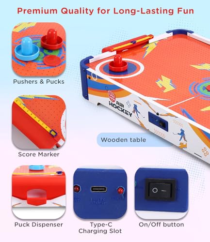 Image of Play Nation Premium Rechargeable Air Hockey for Kids Big Size,With Real Air Flow,2 Pushers Strikers&2 Pucks,Indoor&Outdoor Game for 6+ Years,Board Games for Boy&Girl,Birthday Gift,Orange(84.5x42x11cm)