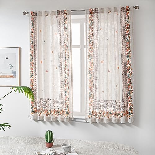 MYSKY HOME Boho Curtains for Bedroom 63 Inch Long Linen Look Semi Sheer Back Tab Drapes Flower Bohemian Style Texture Window Treatment for Living Room Decoration, 2 Pcs, Yellow, 50″ Wide