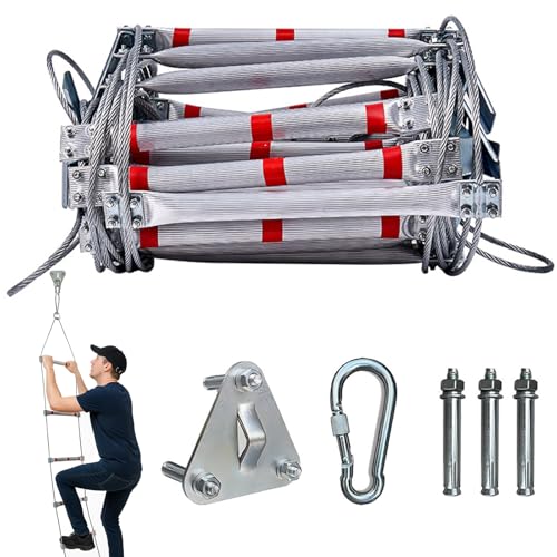 Strickleiter Erwachsene Rettungsleiter Aus Aluminiumseil, 5M Feuerleiter mit 2 Karabiner und Dreieckiger Befestigungsplatte, Feuerleiter Zusammenklappbar Tragbare für Fenster, Geländer und Balkon