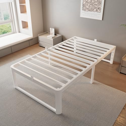 Image of ZTH Twin Size Metal Platform Bed Frame 16 in, No Box Spring Needed, White | Heavy duty support, Underbed storage, Noise-free design, Anti-slip clips, Rounded legs, Easy assembly, Headboard compatible