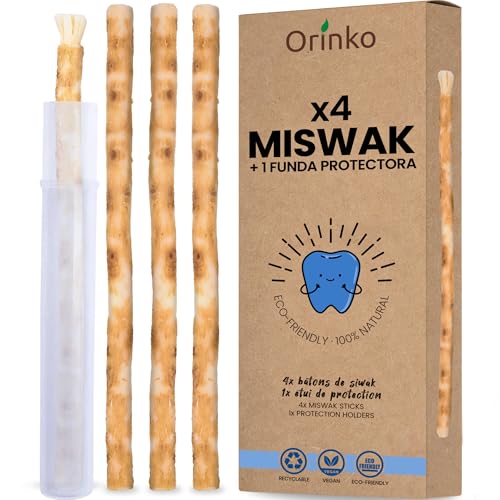 ORINKO - Juego de 4 palos de Siwak + funda protectora - cepillo de dientes 100% natural - limpiador, desinfectante y blanqueador - Ecológico, Biodegradable y vegano - ebook offert