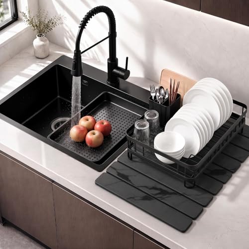 Large Stone Dish Drying Mat for Kitchen Counter, Quick Dry Stone Dishes/Bath Mats,Foldable Water Absorbing Diatomaceous Earth Drying Organizer Pad for Plate Rack Bottles Utensils(Dark Gray 24"×16") - Image 2