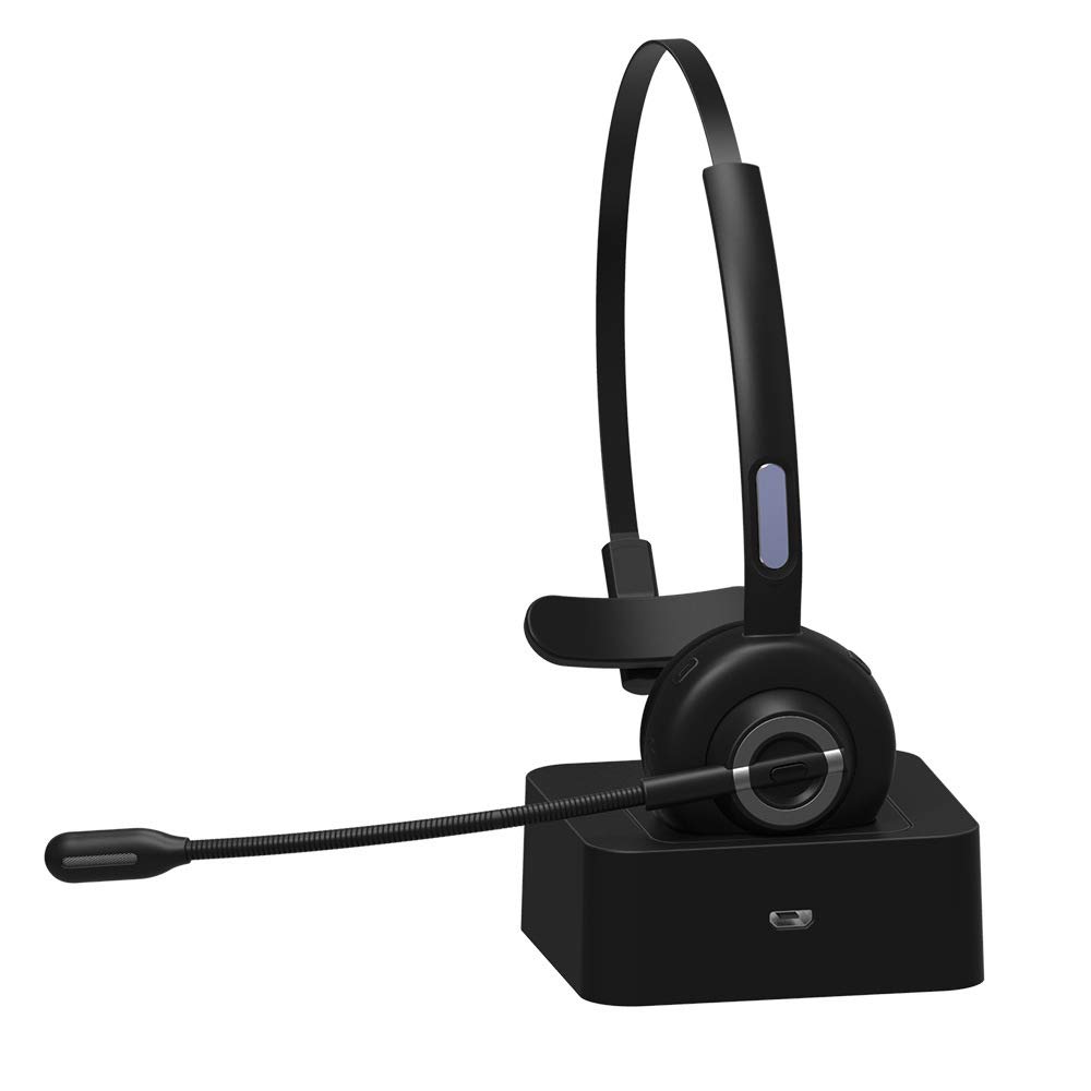 Casque Bluetooth Mono avec Microphone - sans Fil, Station de Charge Dock, Mains Libres, Réduction de Bruit, Rotation 300°