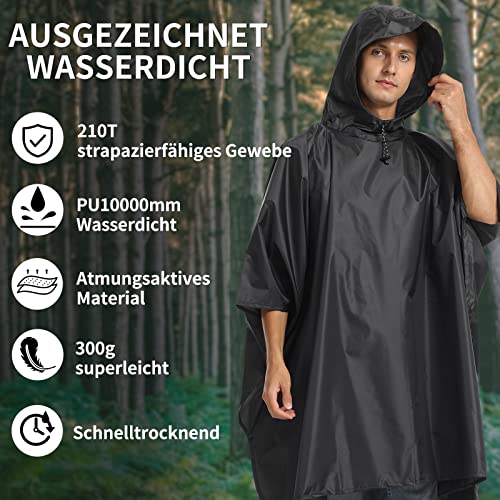Opret Wasserdicht Regenponcho Damen Herren, Leicht Atmungsaktiv Regencape 3-in-1-Multifunktional Regenmantel Regenschutz Regen Poncho für Wandern und Camping-Schwarz