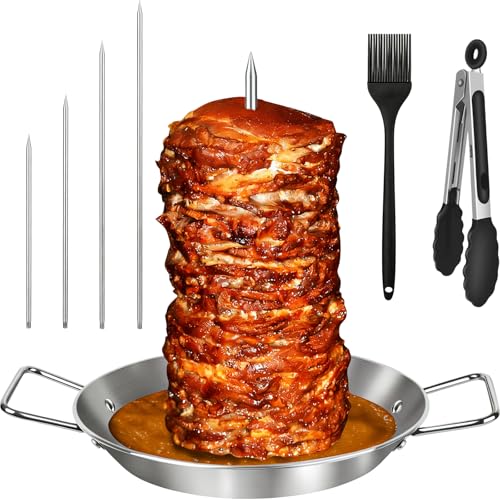 Vertical Kebab Skewer Stand 10 inch Stainless Steel Shawarma Gyro Barbecue Pan with 4 Removable Spikes(6/8/10/12) Kitchen Tongs & Brush Kebab Skewer Maker for Grilling Meat Chicken Fish Taco