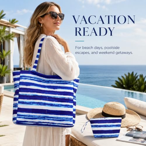 Image of LEDAOU Large Beach Bag Women Waterproof Sandproof Zipper Beach Tote Pool Bag for Swim Gym Grocery Travel with Wet Pocket