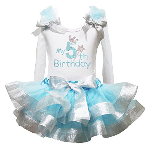 Conjunto de 5º cumpleaños para niña con camiseta manga larga y falda de pétalos azul claro