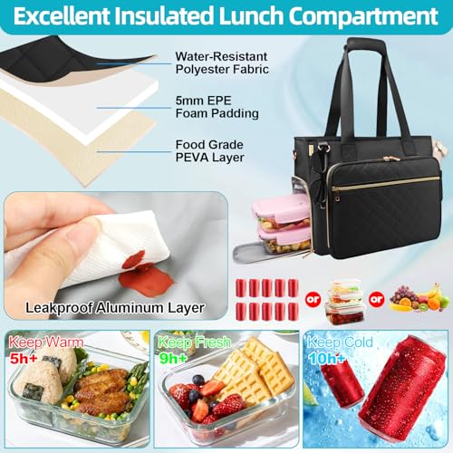 Lunch Work Tote Bag for Women with Accordion File Organizer Pocket, 3 in 1 Daily Tote Bag with Insulated Lunch Compartment& 15.6 Inch Laptop Compartment for Business Teacher Nurse (Black)3