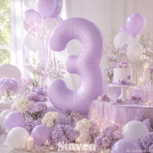 Image of SUWEN 40 Inch Light Purple Lavender Big 3 Balloon Number Foil Helium 0-9 | 3rd Large Giant Birthday Huge Mylar Jumbo Happy Party Anniversary Decorations