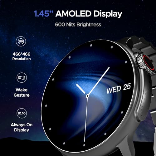 Image of boAt Lunar Tigon Smart Watch w / 1.45 inch (3.6 cm) AMOLED Display, Advanced BT Calling,Always on Display, Functional Crown,Premium Design & Ocean Ridge Strap,IP67,HR & SpO2 Monitoring(Steel Black)