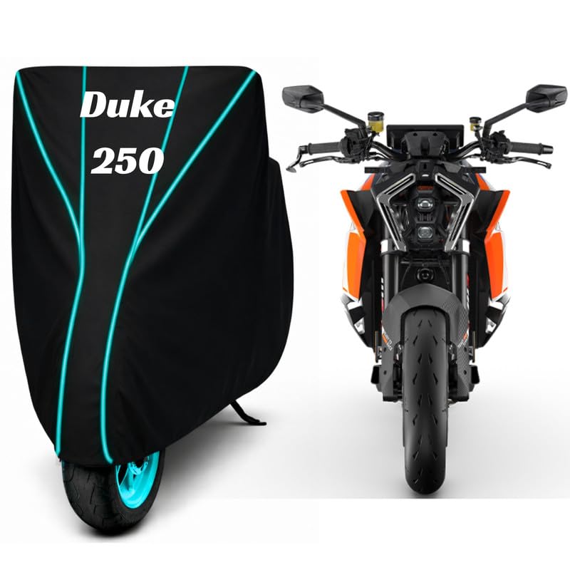 Image of Premium Bike Cover for KTM 250 Duke, Water Resistant, Dustproof, UV Protected, Scratchproof Motorcycle Cover for Outdoor Use, All Weather Protection (Black & Aqua Piping)