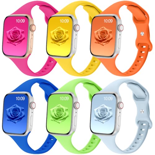Image of 6 Pack Thin Slim Soft Silicone Bands Compatible with Apple Watch Women Men | 38mm 40mm 41mm 42mm 44mm 45mm 46mm 49mm, Waterproof Lightweight Strap for iWatch Series 11 /10 /9 /8 /7 /6 /5 /4 /3 /2 /1 SE Ultra