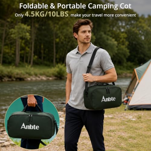 Image of Anbte Height Adjustable Camping Cot with Storage Net, Support 400lbs, Green | Comfortable Portable Cots for Adult, for Camping Hiking Travel Truck Beach Office Nap, With Storage Bag