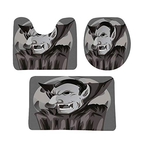 吸血鬼 玄関マット 便器の装飾 バスマット トイレマット 3点セット 漫画スタイルドラキュラ伯爵怒っている表情邪悪な表現ゴシックホラーモンスター装飾 防音 ラグマット 洗える おしゃれ 40*60cm グレーブラックホワイトのサムネイル