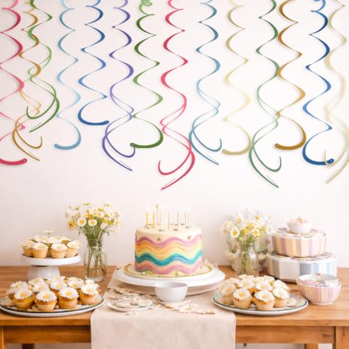 Image of HonuGoGo 48-Piece Hanging Swirl Decorations for Ceiling, Boho Retro Paper Streamers in Soft Vintage Tones, Eye-Catching Party Decor for Birthdays, Baby Showers, Weddings, Classroom & Home Celebration