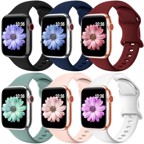 Image of 6 Pack Sport Bands Compatible with Apple Watch Bands 10 40mm 38mm 41mm 42mm 44mm 45mm 46mm 49mm,Soft Silicone Waterproof Strap for iWatch Ultra2 Series 9 Ultra 8 7 6 5 4 3 2 1 SE Women Men