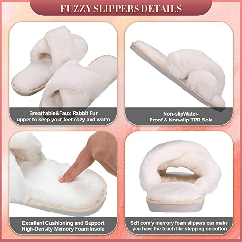 Newcotte 2 Pairs Women's Fuzzy Slippers Cross Band Fluffy Plush Cozy Open Toe House Slippers for Bridesmaid Indoor Outdoor2