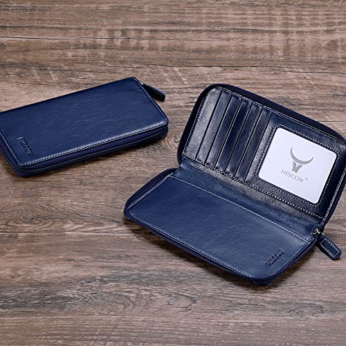 Image of HISCOW Leather Checkbook Cover, Zippered Wallet, Antiqued Blue | Full grain cowhide, 5cc & ID window, personal check book & register pockets, removable duplicate divider, women secure zipper