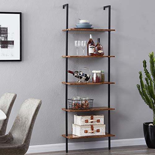 SUPERJARE Industrial Ladder Shelf, 5-Tier Wood Wall-Mounted Bookcase with Stable Metal Frame, 72 Inches Storage Rack Shelves Display Plant Flower, Stand Bookshelf for Home Office - Rustic Brown