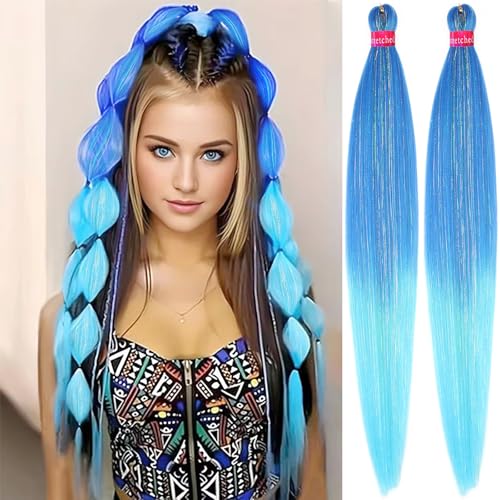 Ombre Blue-Light Blue Pre Stretched Braiding Hair with Tinsel 30 Inch Box Braids 2 Packs Synthetic Crochet Braid Neat Yaki Texture Hot Water Setting Hair Extensions