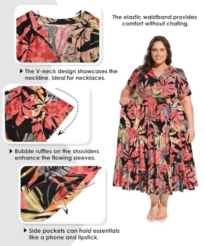 Image of TIYOMI Womens Plus Size Dresses Fall Long Sleeve Maxi Dresses V Neck Floral Spring Party Dress with Pockets XL-5XL (14W-28W)