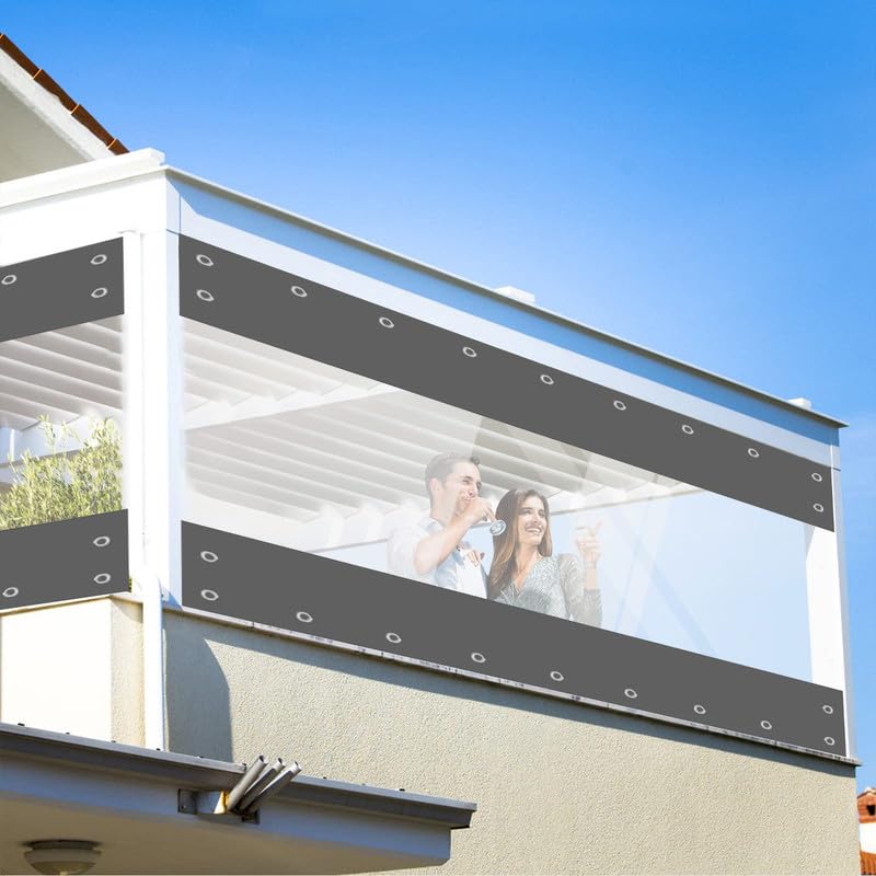 Transparente Plane mit ösen Wasserdicht 420g/m² PVC Abdeckplane Gewebeplane Windschutz Regenschutz für Garten Pavillon Terrassen Balkon Gewächshäuser (Grau, Höhe 2.1m x Breite 3m)
