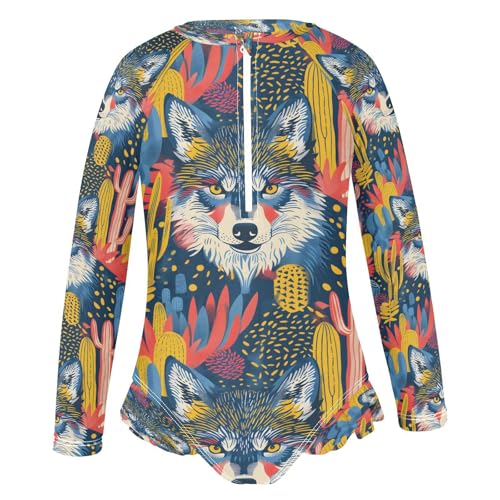 Wolfs Face Cacti Girls Long Sleeve Swimsuits One Piece Zipper Bathing Suit UPF 50+ Rashguard Swimwear2