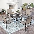 SUNSHINE VALLEY 5 Piece Patio Dining Set for 4, 37”x37” Square Table with Umbrella Hole, 4 Metal Brown Chairs, Outdoor Table and Chairs Set for Lawn Backyard and Deck