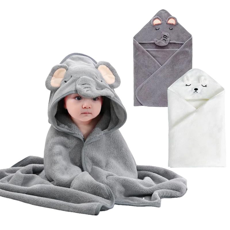 HAGOT 2PCS Kapuzenhandtuch für Babys, 80x80 cm, Baby Bath Towel, Babybadetuch aus Korallenvliesfür, Babys Neugeborene, Weiß + Grau