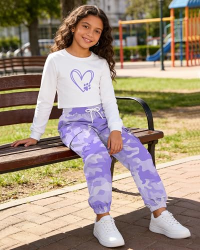 Image of Betusline Girls Fall Winter Clothing Sets, Long Sleeve Crop Top & Cargo Jogger Pants 2 Piece Outfit Sets,4T-14Y