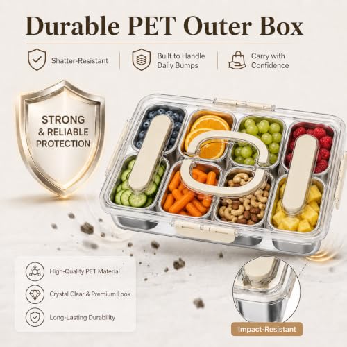 Image of Ankou Snackle Box Container, Stainless Steel Divided Serving Tray with Lid, Handle and Forks