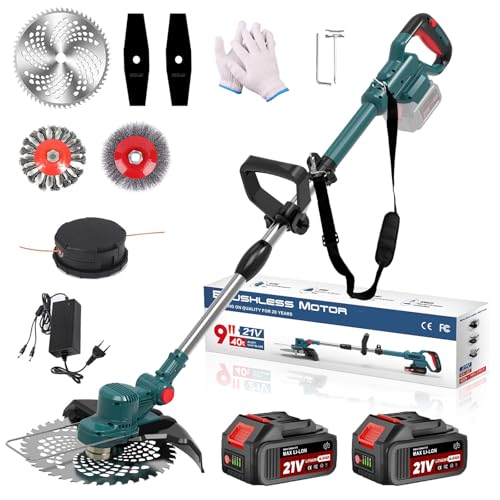 Rasentrimmer mit Akku 21V, 4 in 1 Akku Rasentrimmer für Makita Akkus, Rasentrimmer mit Unkrautbürste, Freischneider & Motorsense inkl.TAP-N'-GO Fadenkopf, 2 X 4.0Ah Akkus, 750W Bürstenloser Motor 1