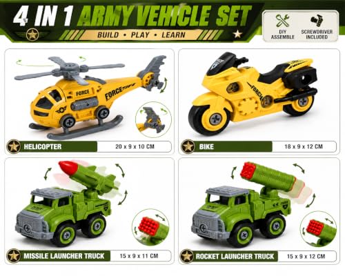 Image of TEC TAVAKKAL 4 in 1 DIY Military Force Vehicle Set for Kids, Army Toy Set with Helicopter, Bike, Missile Launcher Truck & Rocket Launcher Truck, Movable Parts, 4 Screwdrivers (Big Army Vehicle Toys)