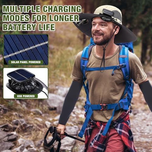 Image of Syhood 2 Set Solar Fan Hats with Neck Gaiters and Arm Sleeves, Wide Brim Fishing Hats for Men Women Outdoor Camping Gardening