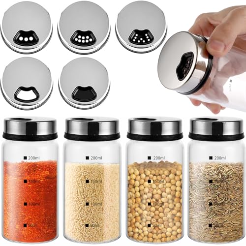 SHUESS Pots à Épices en Verre 200 ml, Lot de 4 Pot a Epices Borosilicate avec Couvercle Rotatif Inox, 4 Trous Réglables, Graduations, Salière pour Cuisine,...