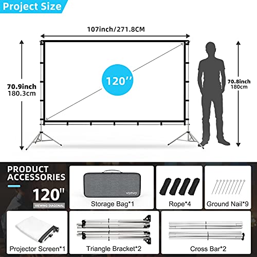 Projector Screen With Stand, Vamvo 120 Inch Portable Foldable Projection Screen 16:9 Hd 4K Indoor Outdoor Projector Movies Screen With Carrying Bag For Home Theater Camping And Recreational Events #TOP4