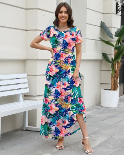 Image of COSSEN Women's Crew Neck Short Sleeve Maxi Dress with Pockets Casual Loose Swing for Wedding Guest Beach Vacation