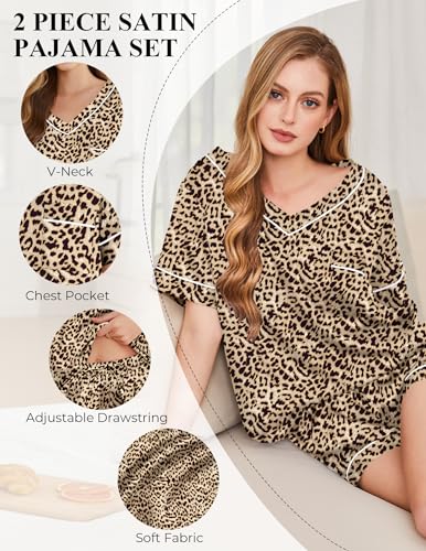 Image of Silk Pajamas for Women Short Sleeve Satin 2 Piece Pj Set Soft V Neck Sleepwear Loungewear, S-XXL