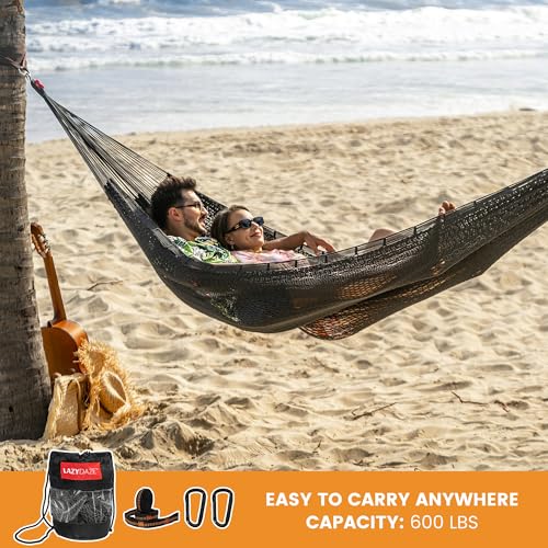 Image of Lazy Daze Hammocks Handwoven XL Mayan Hammock, 10.5 FT Soft Rope Double Hammocks, Portable Outdoor Hammock with Carry Bag, 2 Straps & Carabiners for Patio Outside, 550 lbs Weight Capacity, Gray