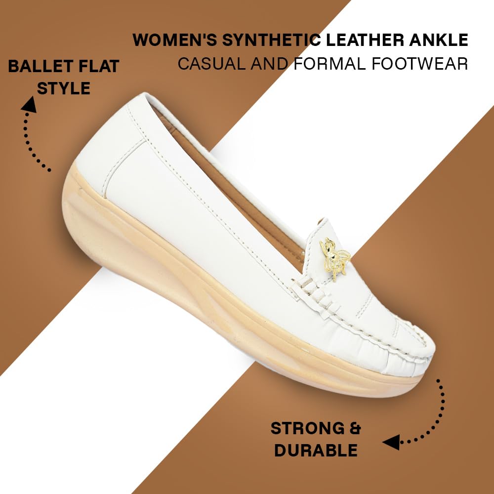 KRAFTER Women's Synthetic Leather Ankle Black Women Comfortable Slip On Flat Loafer Ballet, Casual & Formal Footwear, 5 Uk-M06-Light-White-38