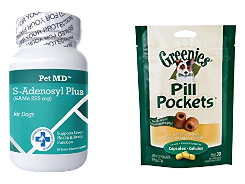 Pet MD S Adenosyl 225 (Same) Liver Support for Medium/Large Dogs (60 tabs) and Bag of Pill Pockets (Chicken)