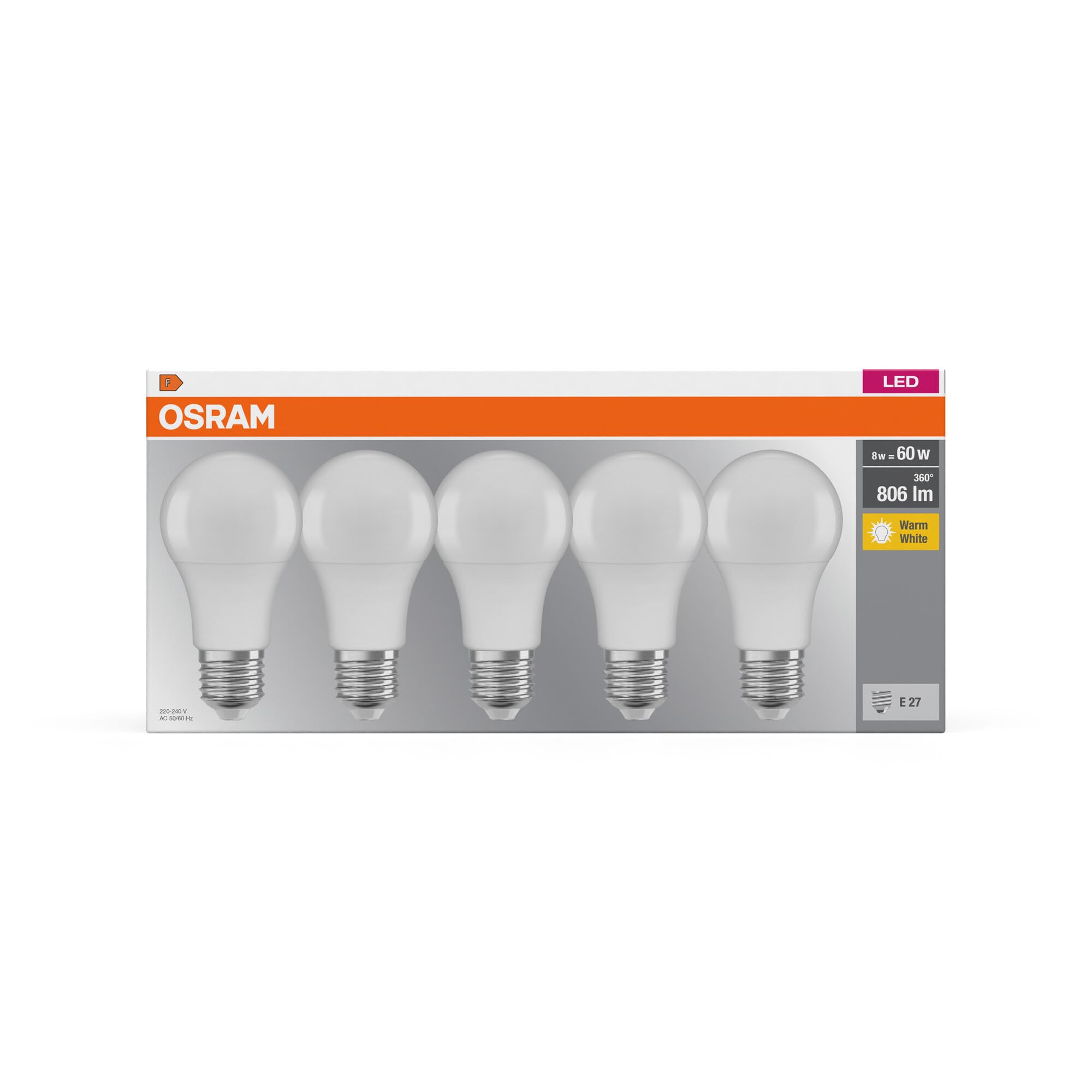Osram Lamps LED Base Classic A Lampe, Sockel: E27, 2700 K, 8, 50 W, Ersatz für 60-W-Glühbirne, Warmweiß, 5 Stück (1er Pack) – Ansicht 6