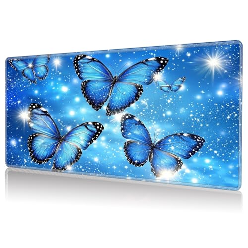 DHYYDSQZ Playmat for MTG, Game Play Mat Card Game Playing 24 x 14 inches Tabletop Magic Play Mats Non-Slip Rubber Base and Stitched Mousepad Desk Mats Playmats for MTG TCG,Blue Butterflies