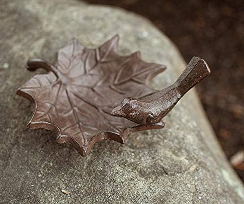 BestNest Set of 2 Esschert Design Maple Leaf Petite Bird Baths, Brown | Cast Iron Leaf Bird Baths with Perched Bird Figures | Decorative Outdoor Garden Birdbaths or Indoor Accent Dishes