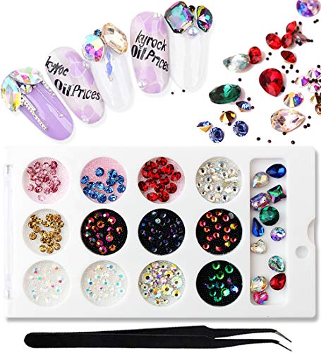 SILPECWEE 300 Pcs Colorful Flat-Back Nail Art Rhinestone Set 3D Pointed Bottom Nail Crystals Mix-Shape Large Nail Gem Nail Jewelry Decoration With 1Pc Curved Tweezers